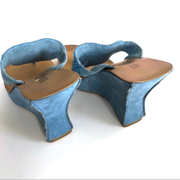 Rouge Helium Blue Suede Mules Thong Wedges - Picture 4 of 8